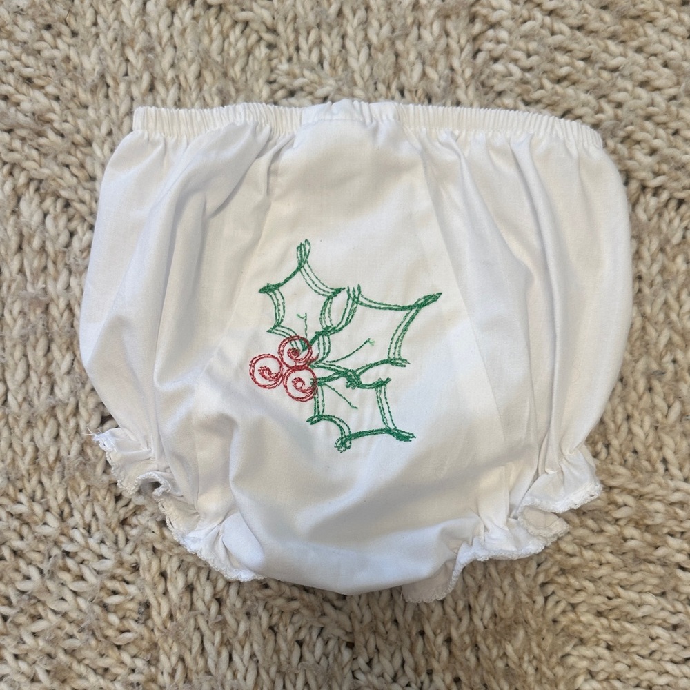 EUC White Baby Bloomers with holly berry Embroidery 18/24